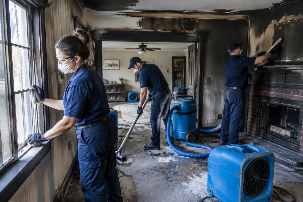 Restoration crew cleaning after fire damage