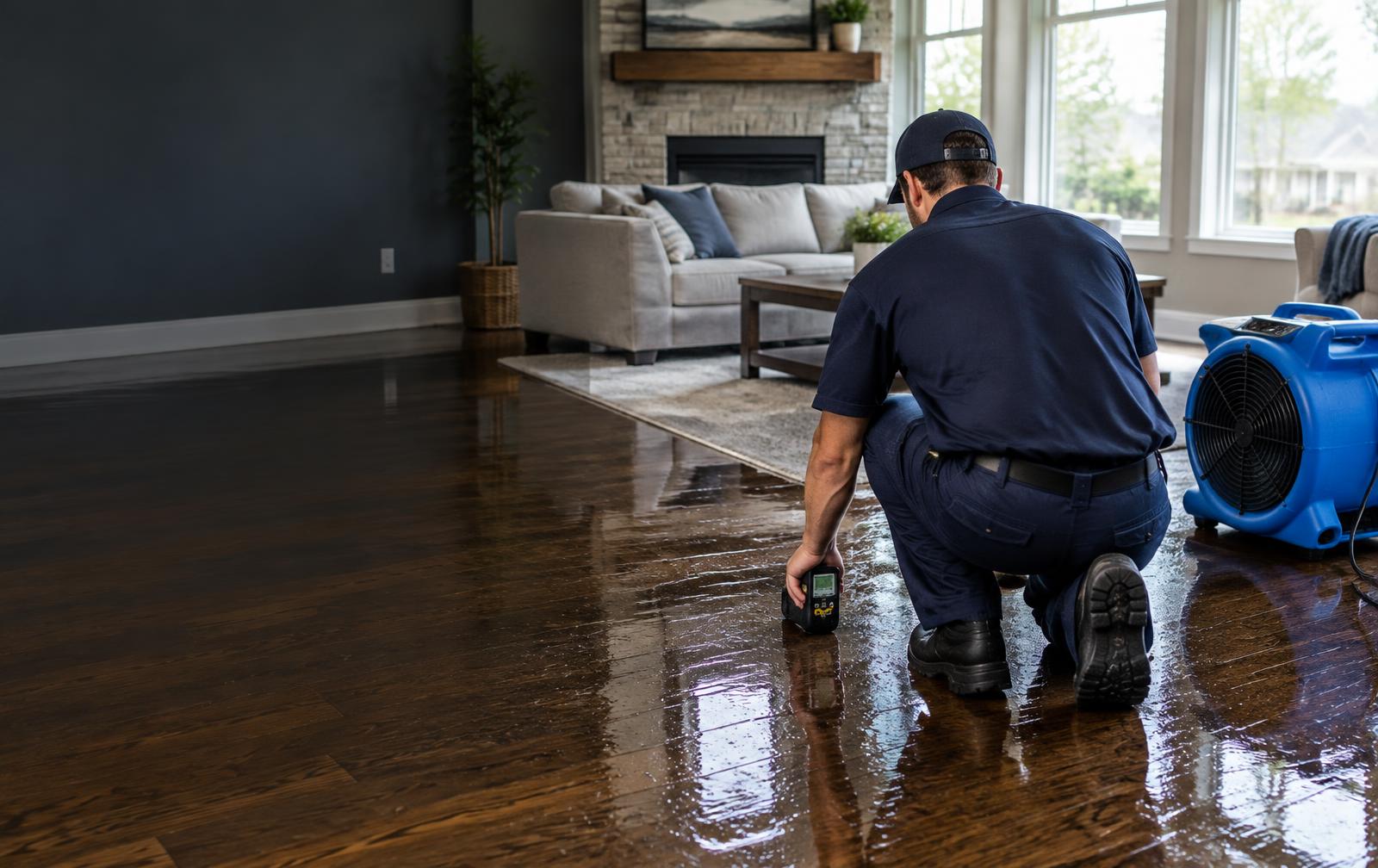 Restoration professionals assessing property damage