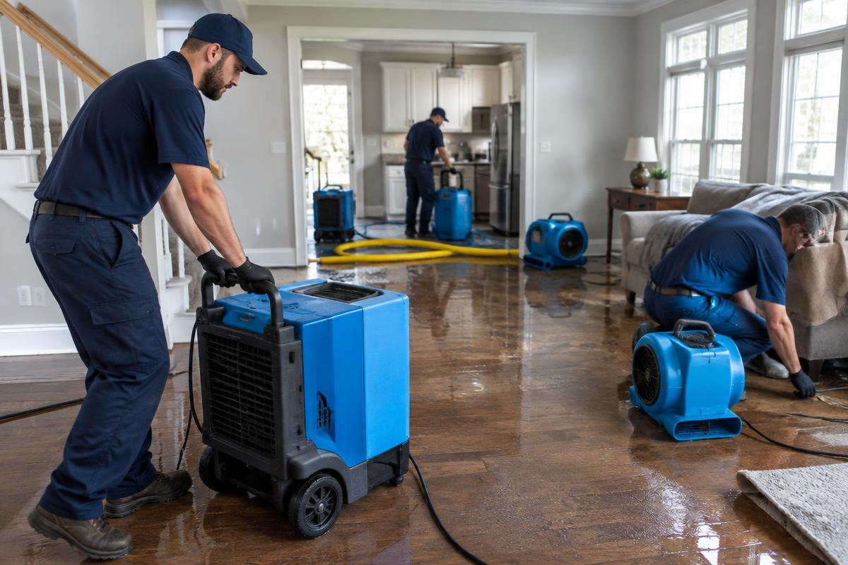 Restoration specialists working in a water-damaged home