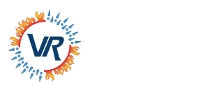 The vr logo with a red, blue, and yellow background representing a disaster restoration company.