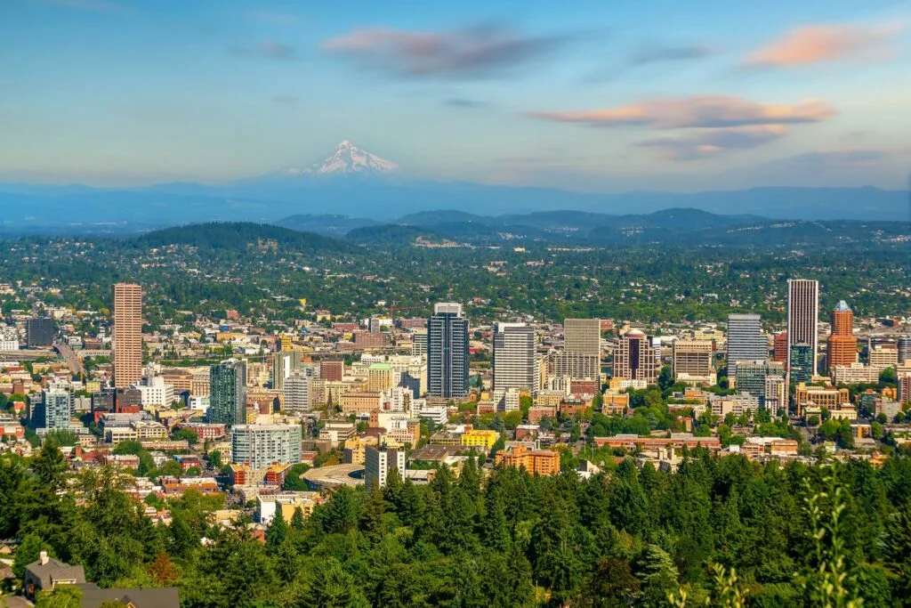 Portland, Oregon skyline with Mt Hood in the background.