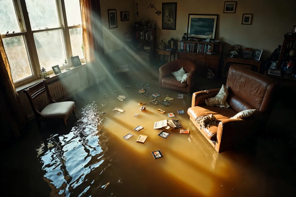 Sunlit living room flooded with water, books floating and furniture partially submerged—clear signs of water damage needing immediate leak repair.
