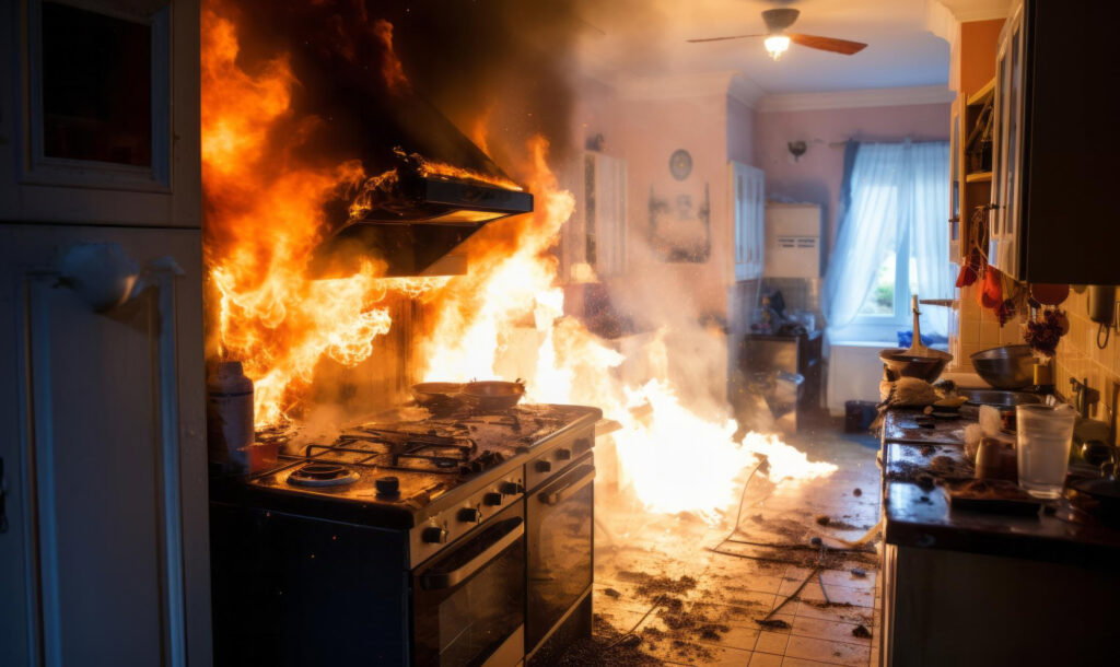 A kitchen stove ablaze with flames, filling the room with smoke and fire, shows the urgent need for fire damage restoration after house fire damage.